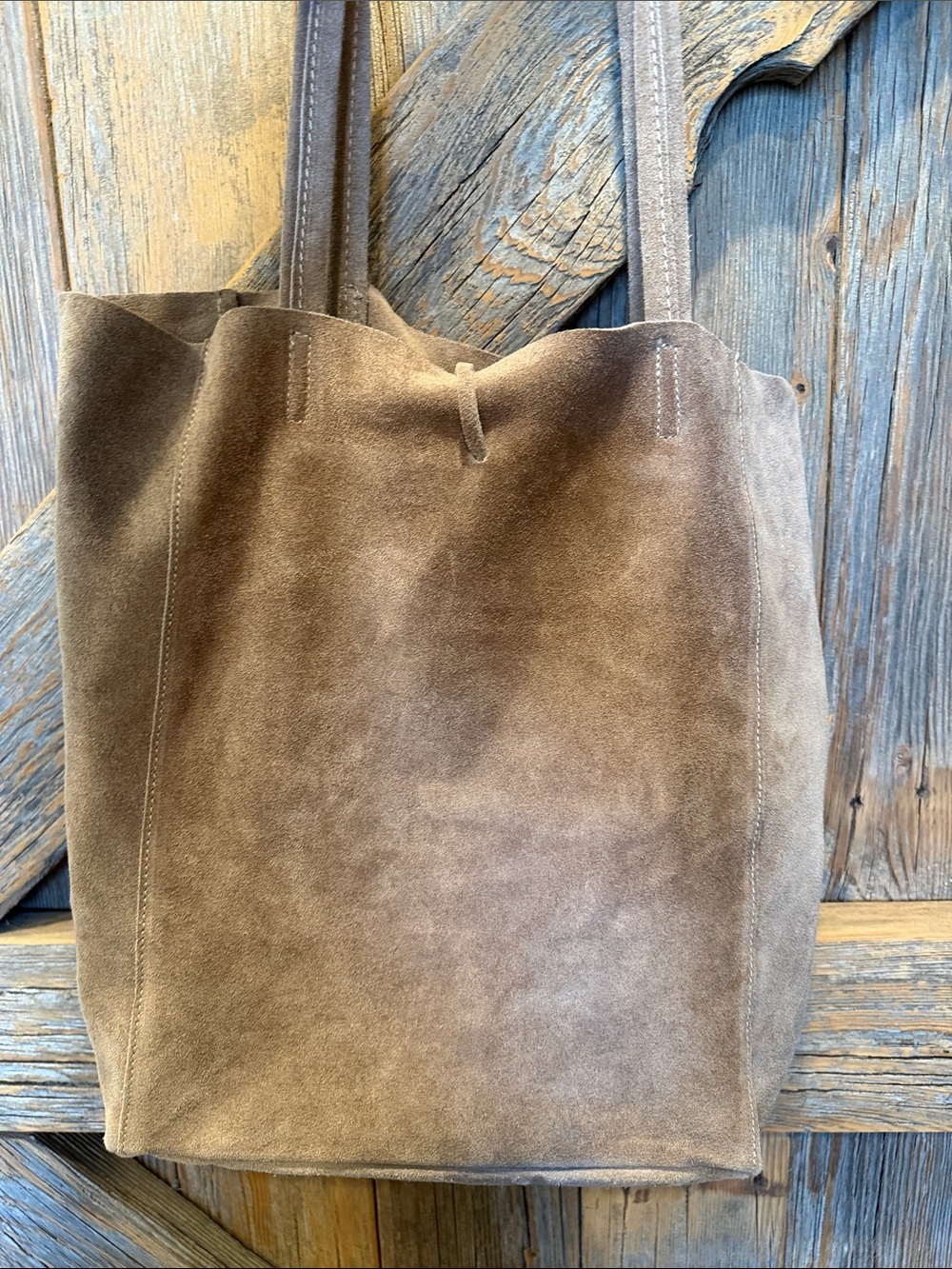 Soft Taupe Suede Tote with Tie Closure - Picture 3 of 5